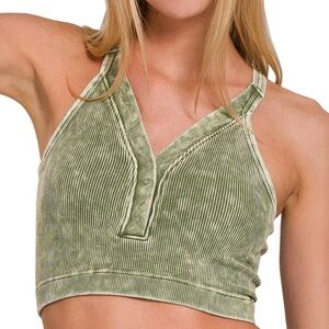 Zenana Outfitters Green Ribbed Crop Top